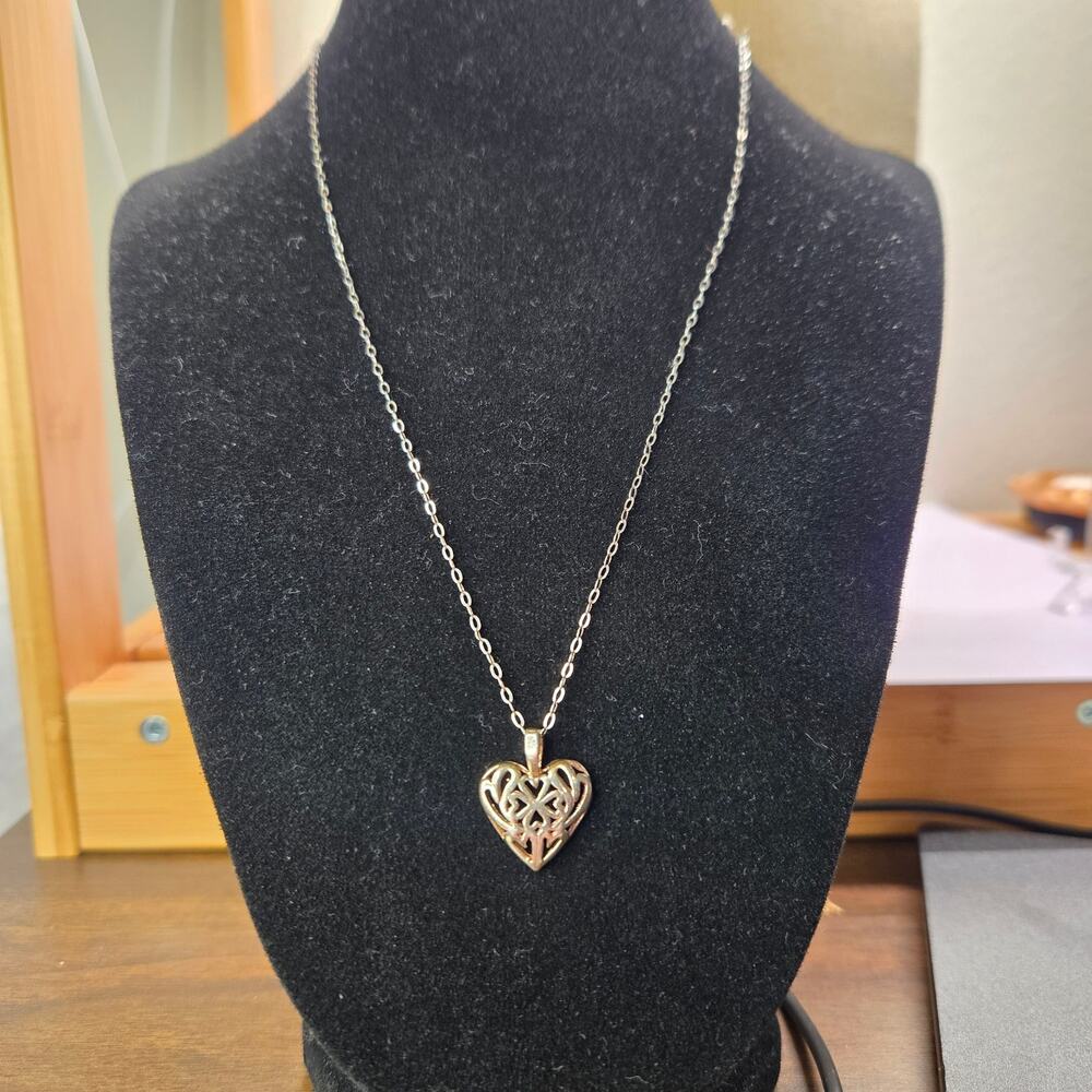 Vintage BY SS 925 Sterling Silver Openwork Filigree Heart Pendant Necklace 18"